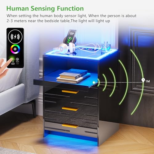 RGB LED Nightstand with 3 Drawers and Sliding Tray R59375