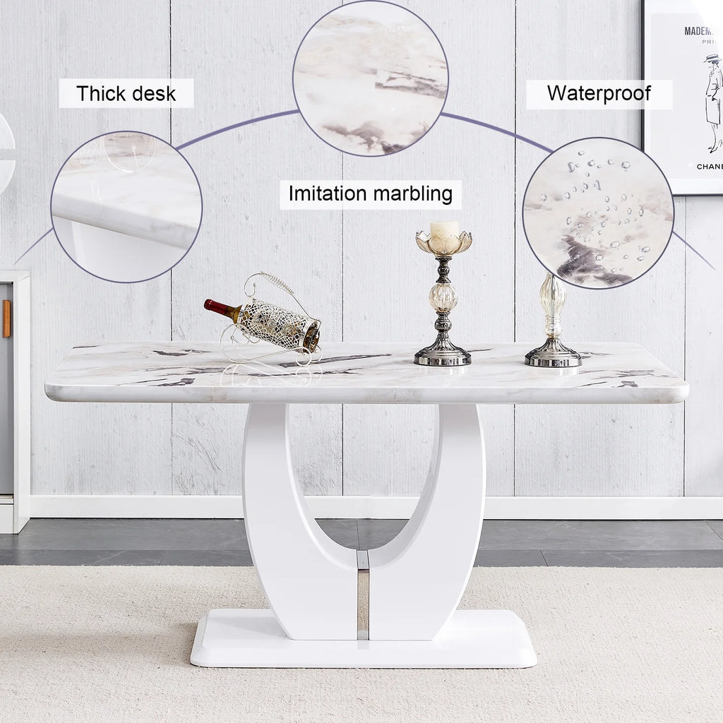 63" White Faux Marble Dining Table for 6 L3271