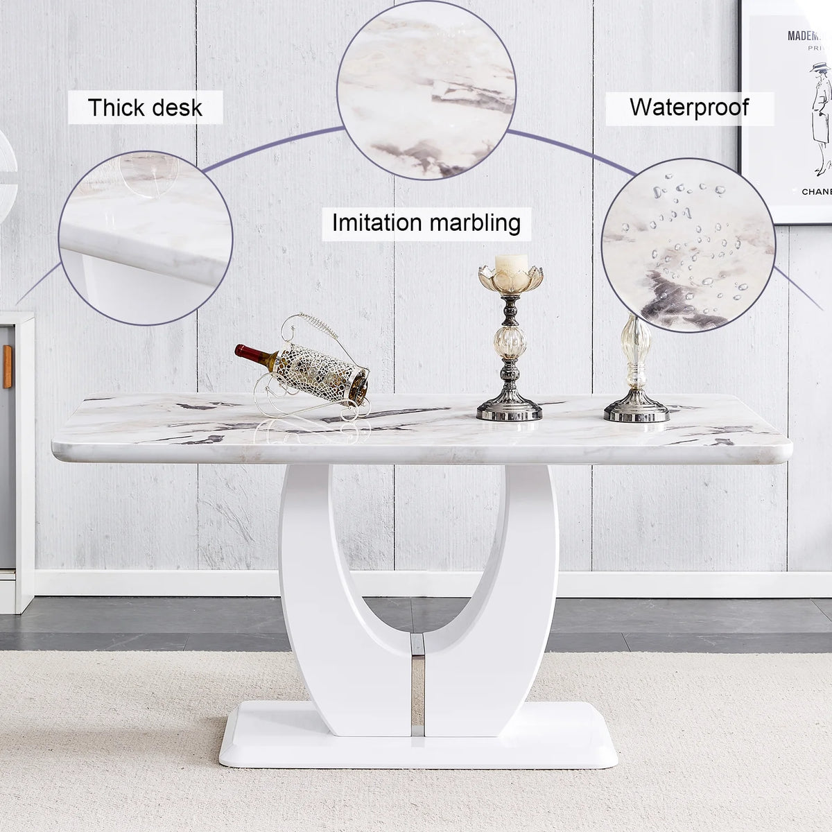 63" White Faux Marble Dining Table for 6 L3271