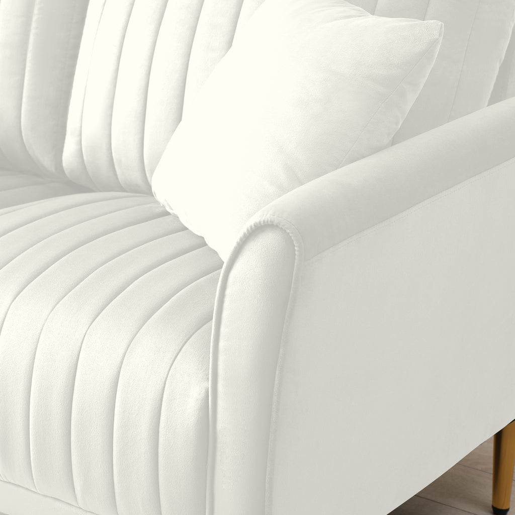 Cream Velvet Channel Tufted Loveseat with 2 Pillow and Gold Legs L471010