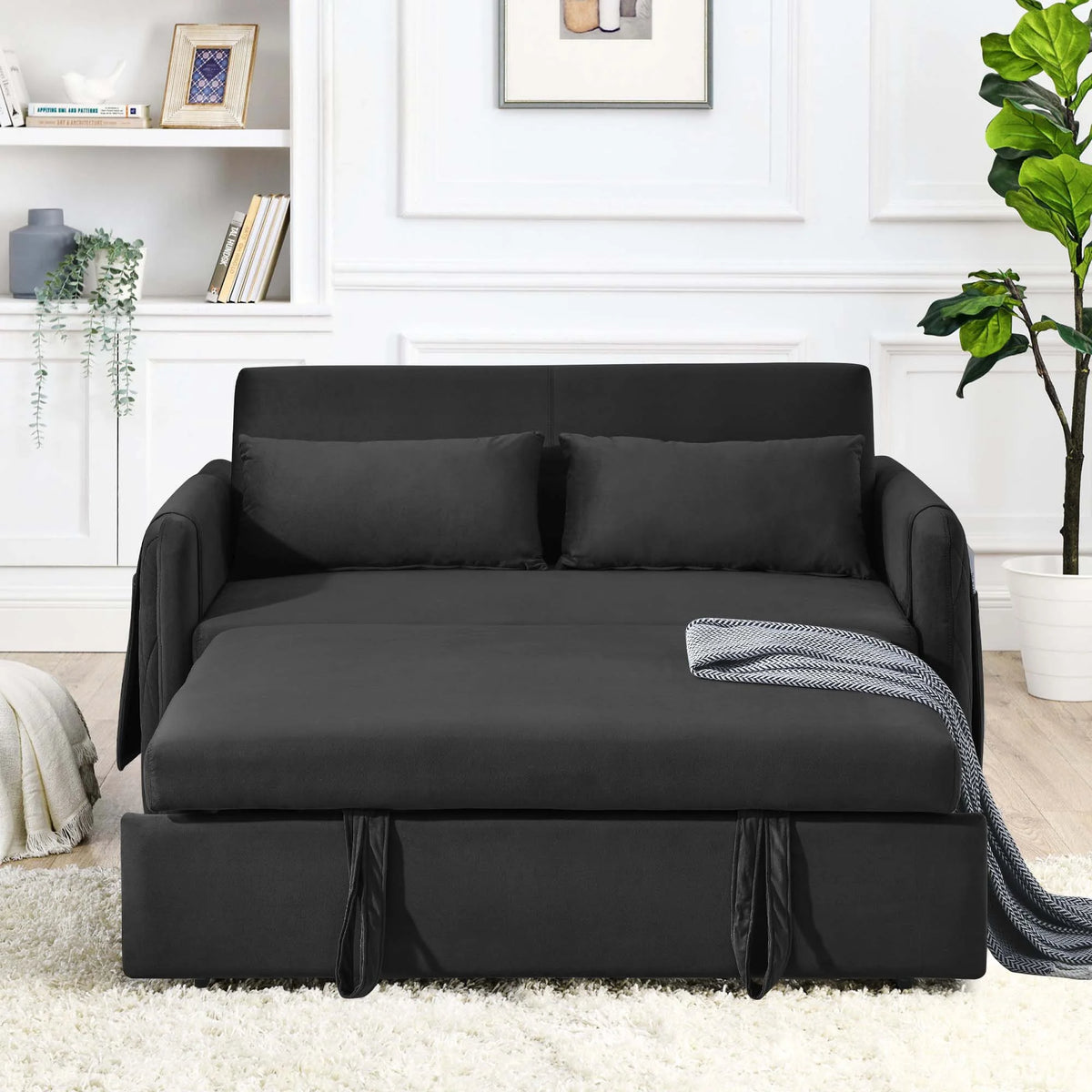 Black Pull Out Loveseat Sofa Bed with 2 Detachable Arm Pockets V13103