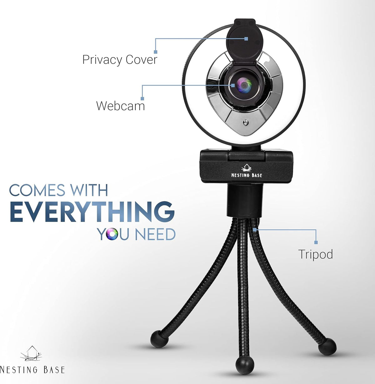 Webcam with Ring Light, Microphone, Privacy Cover, 1080p Auto Focus K64812