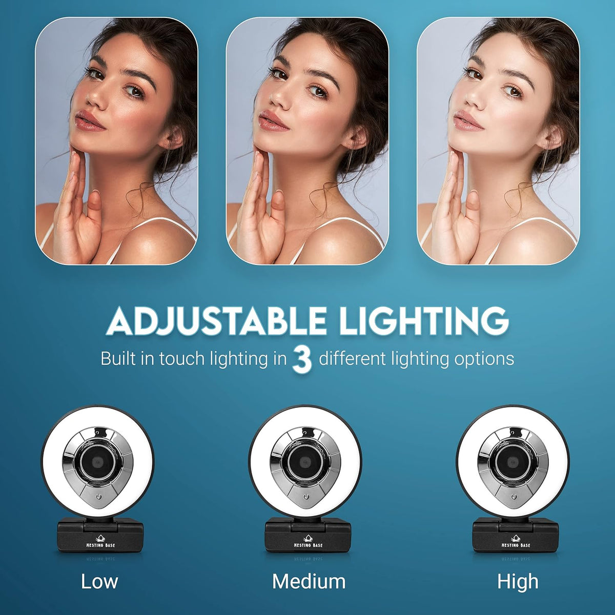 Webcam with Ring Light, Microphone, Privacy Cover, 1080p Auto Focus K64812