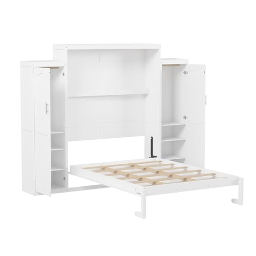 White Queen Size Foldable Platform Bed with 2 Wardrobe and Storage Shelf I823
