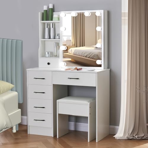White Vanity Desk with Makeup Mirror and 10 Lights, 3 Color Mode Dimmable Sliding Lighted Mirror, 6 Large Drawers and 3 Level Storage Shelves, Upholstered Stool E622