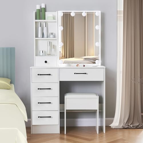 White Vanity Desk with Makeup Mirror and 10 Lights, 3 Color Mode Dimmable Sliding Lighted Mirror, 6 Large Drawers and 3 Level Storage Shelves, Upholstered Stool E622