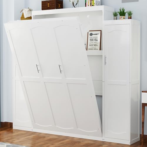 White Queen Size Foldable Platform Bed with 2 Wardrobe and Storage Shelf I823