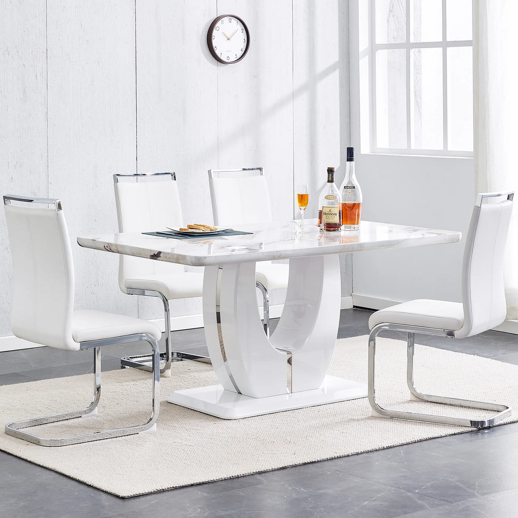 63" White Faux Marble Dining Table for 6 L3271