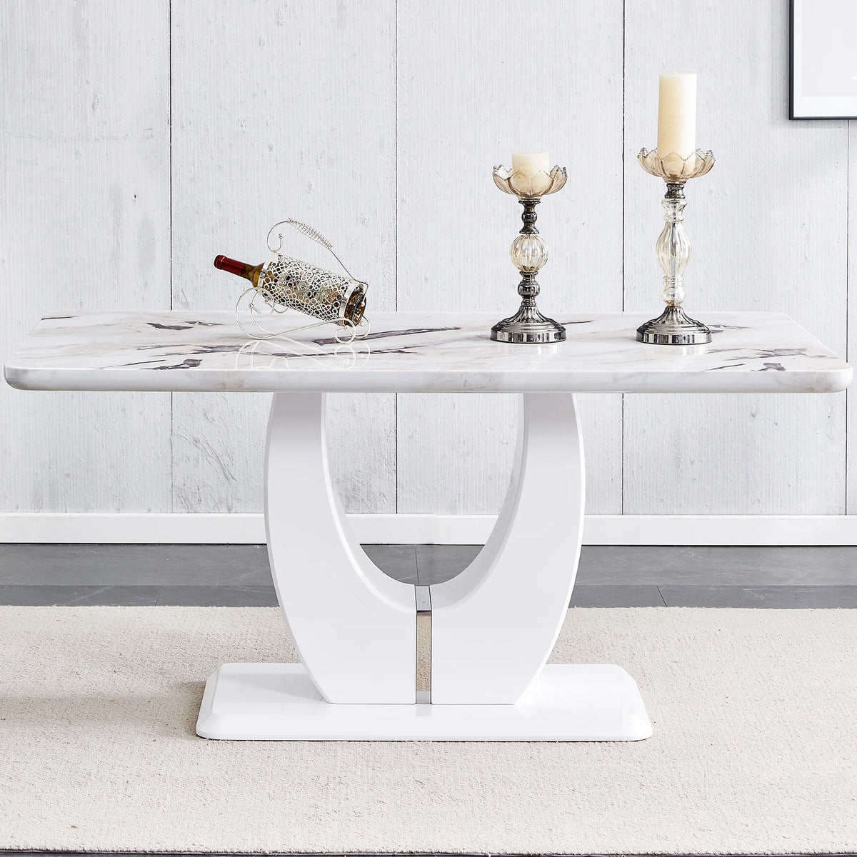 63" White Faux Marble Dining Table for 6 L3271