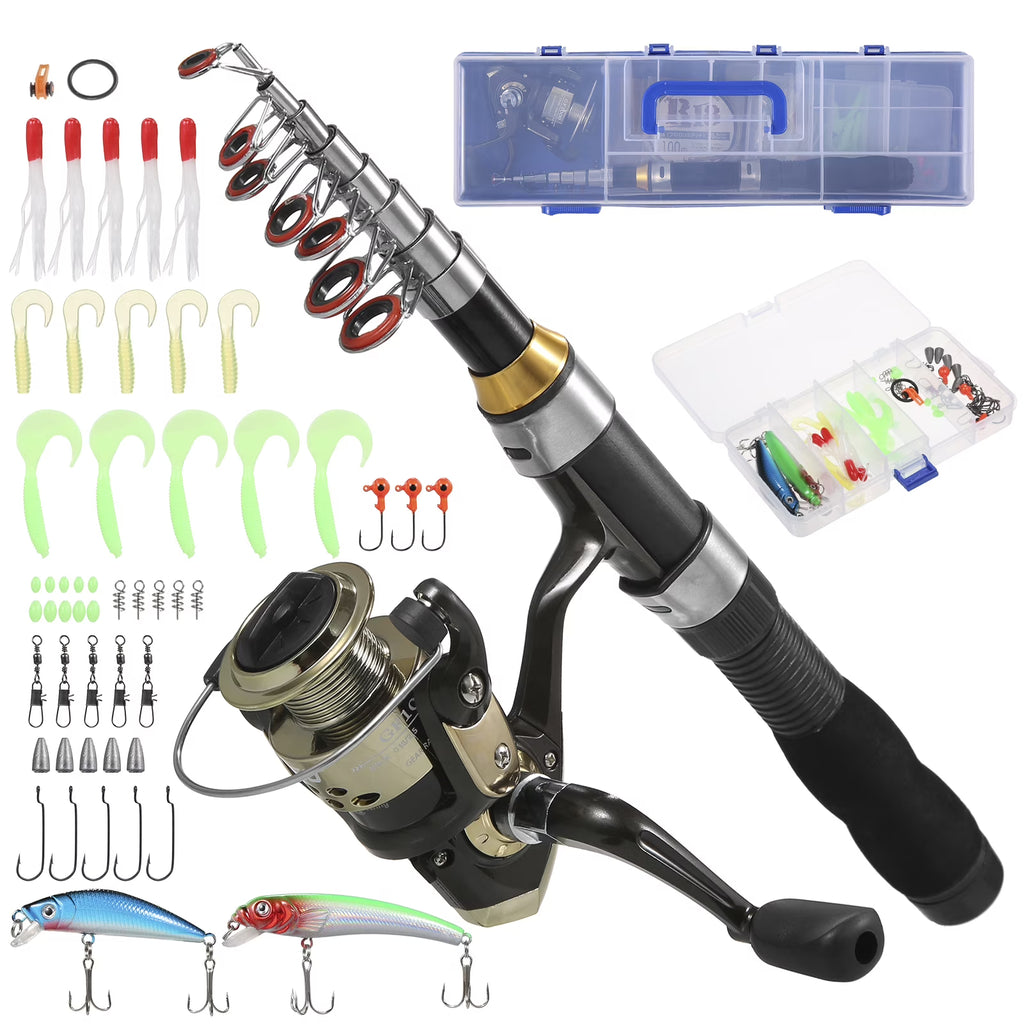 Spinning Rod Reel Combo Kit with Lures Swivels Line Box Pole Telescopic M6057