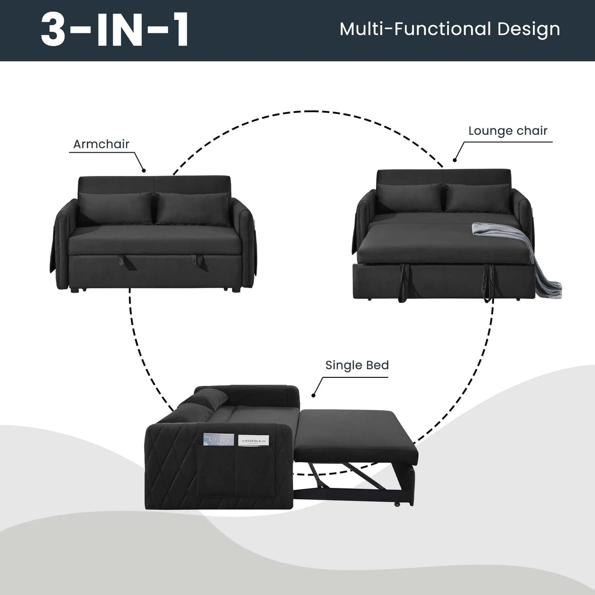 Black Pull Out Loveseat Sofa Bed with 2 Detachable Arm Pockets V13103