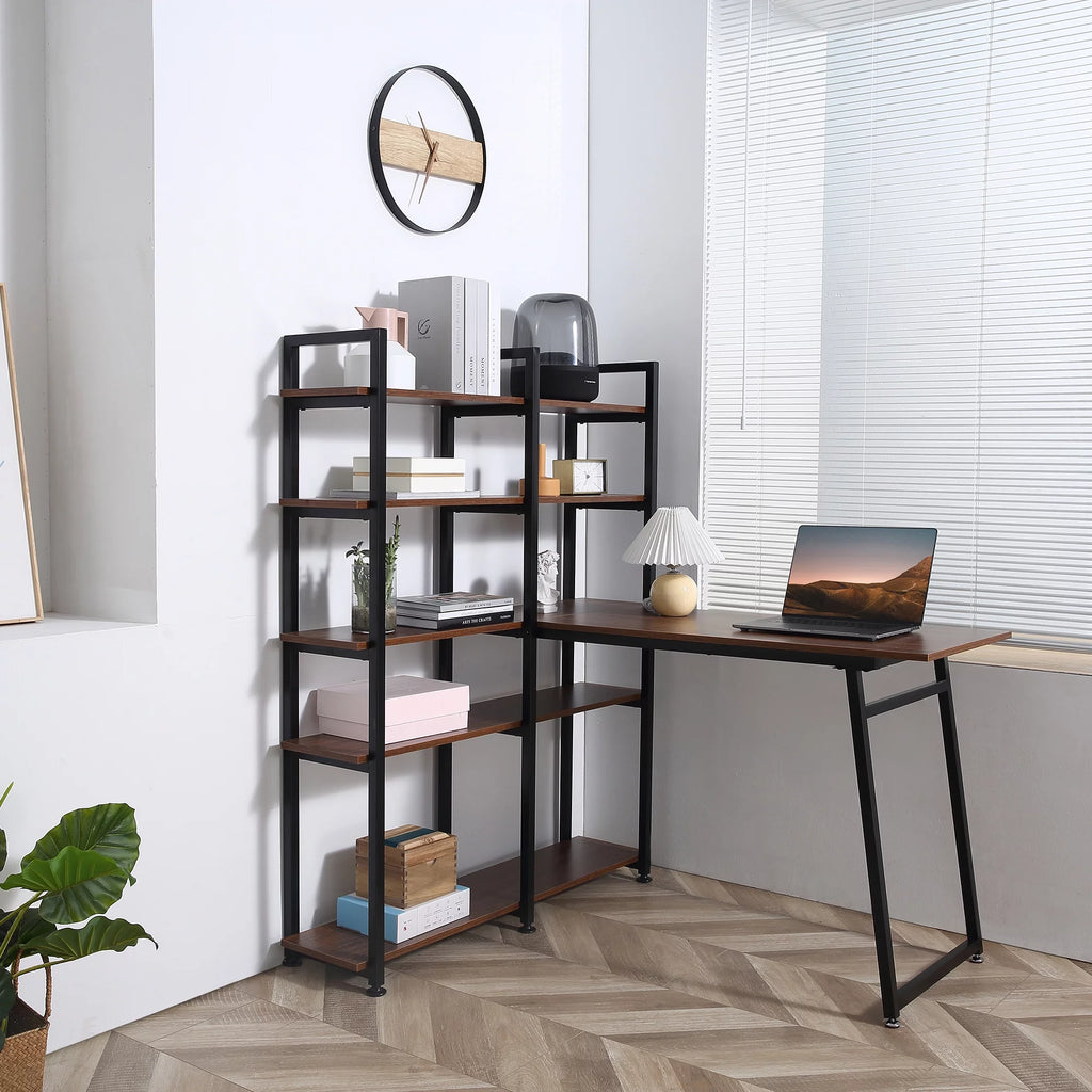 Black Walnut L-Shaped Computer Desk with Display Shelves O9547