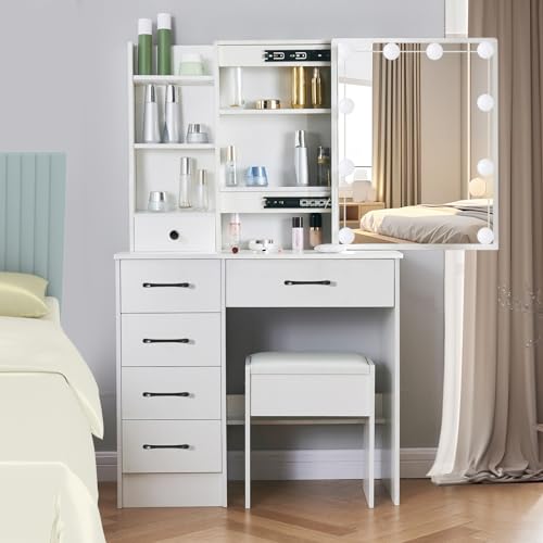 White Vanity Desk with Makeup Mirror and 10 Lights, 3 Color Mode Dimmable Sliding Lighted Mirror, 6 Large Drawers and 3 Level Storage Shelves, Upholstered Stool E622