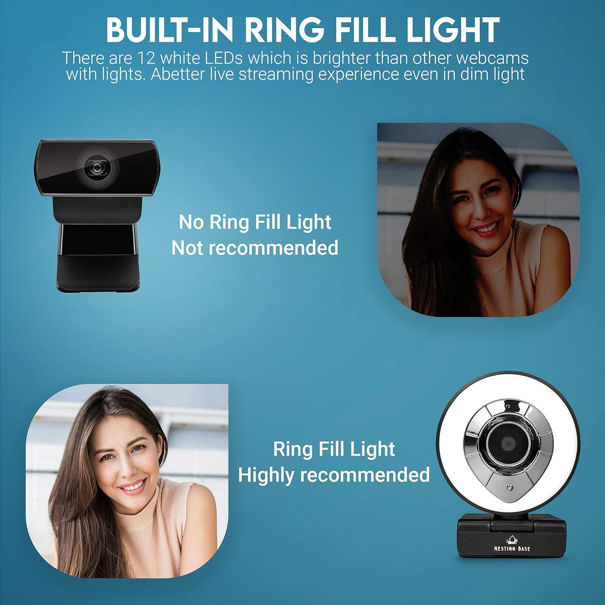 Webcam with Ring Light, Microphone, Privacy Cover, 1080p Auto Focus K64812