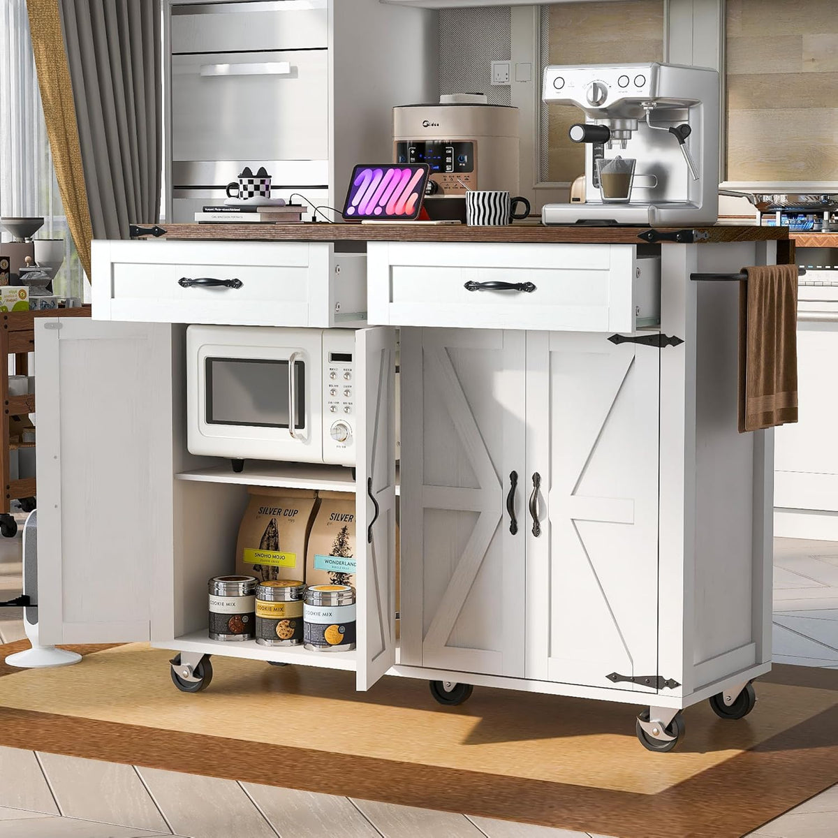 White Kitchen Island with Power Outlet, Drop Leaf and Spice Rack A891