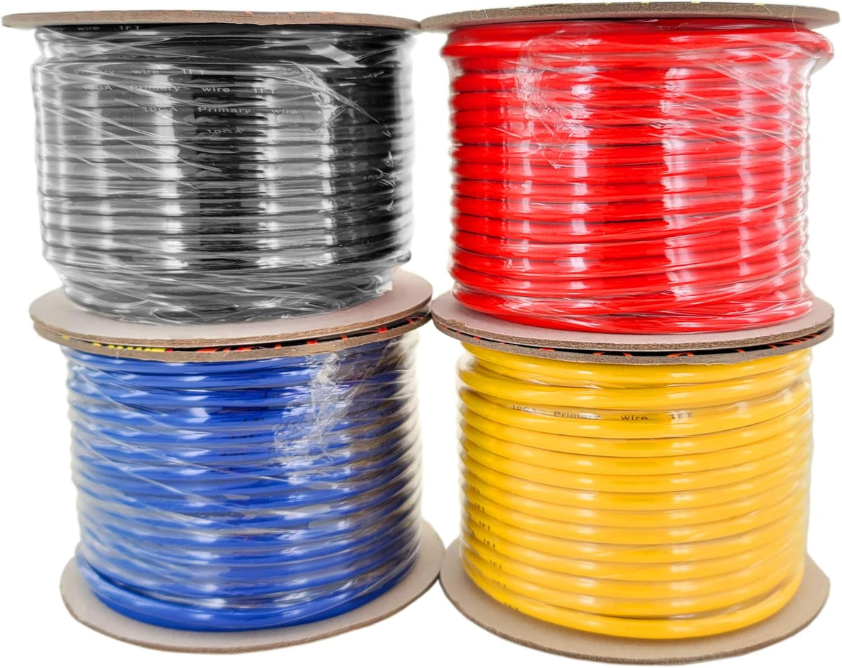 10 Gauge Stranded Copper Clad Aluminum Primary Wire, Red Black Blue Yellow 100 feet Roll K9734
