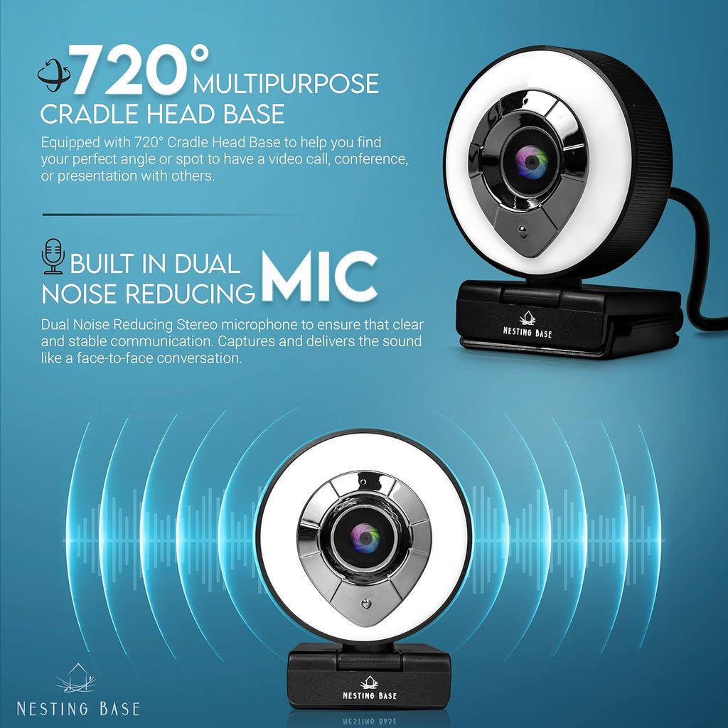 Webcam with Ring Light, Microphone, Privacy Cover, 1080p Auto Focus K64812