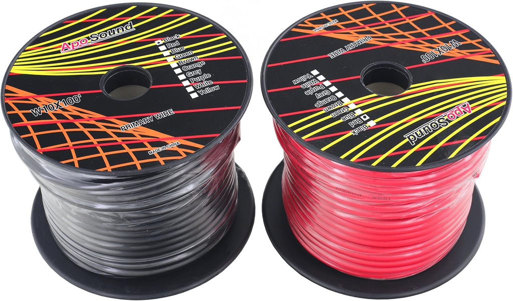 10 Gauge Stranded Copper Clad Aluminum Primary Wire, Red Black Blue Yellow 100 feet Roll K9734