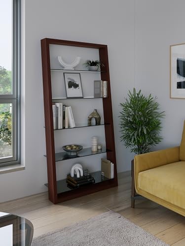 Charcoal Stained Ash Leaning Shelf with 5 Polished Tempered Glass Shelves Z55929