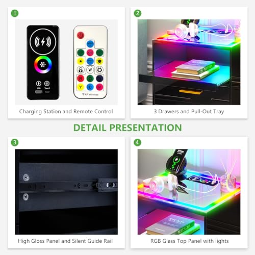 RGB LED Nightstand with 3 Drawers and Sliding Tray R59375