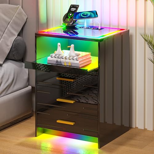 RGB LED Nightstand with 3 Drawers and Sliding Tray R59375