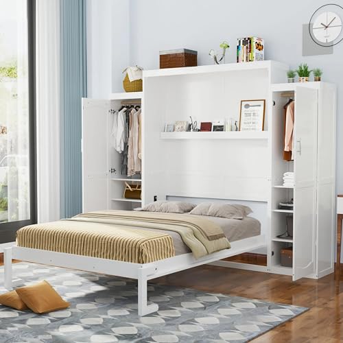 White Queen Size Foldable Platform Bed with 2 Wardrobe and Storage Shelf I823