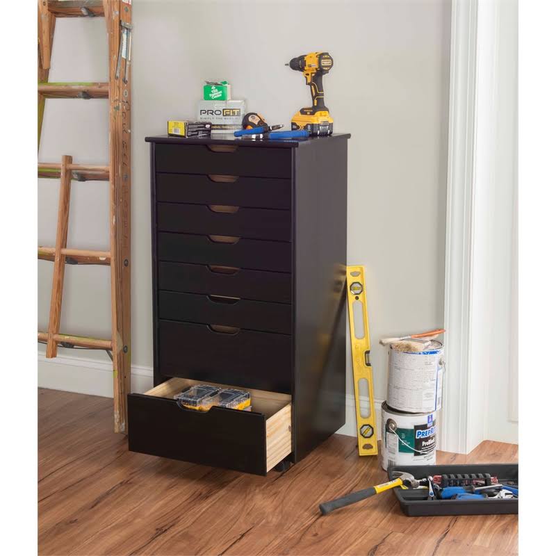 Black 8 Drawer Wood Rolling Storage Cart C77670
