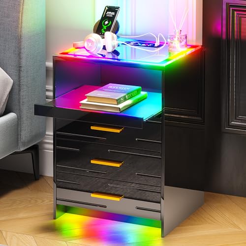 RGB LED Nightstand with 3 Drawers and Sliding Tray R59375
