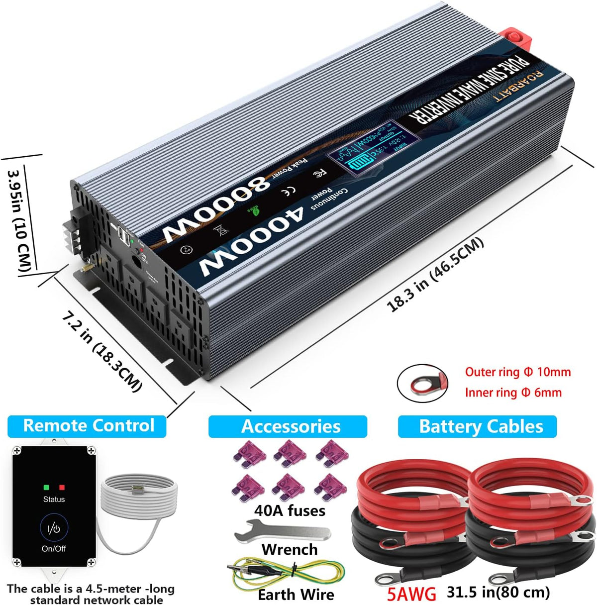 4000W Pure Sine Wave Power Inverter 12V to 110V with Remote Control P92860