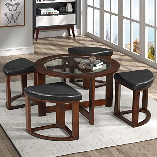 Solid Wood Glass Top Round Coffee Table with 4 Stools E370