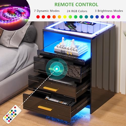 RGB LED Nightstand with 3 Drawers and Sliding Tray R59375