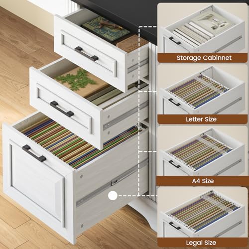 White L Shaped Desk with File Drawer and Power Outlet V234