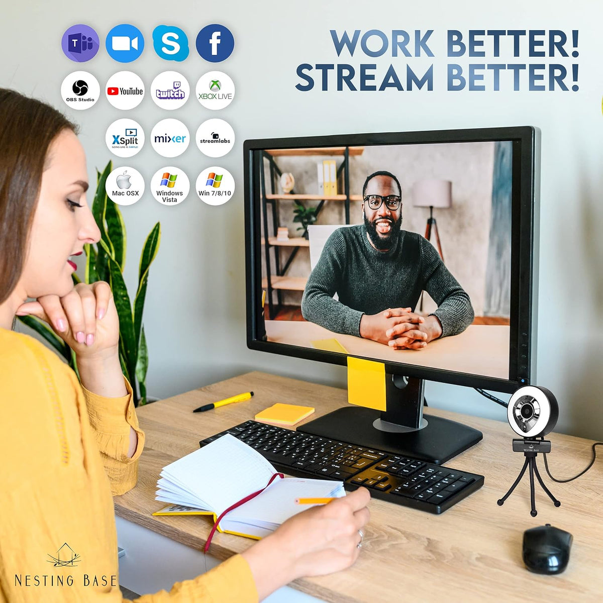 Webcam with Ring Light, Microphone, Privacy Cover, 1080p Auto Focus K64812