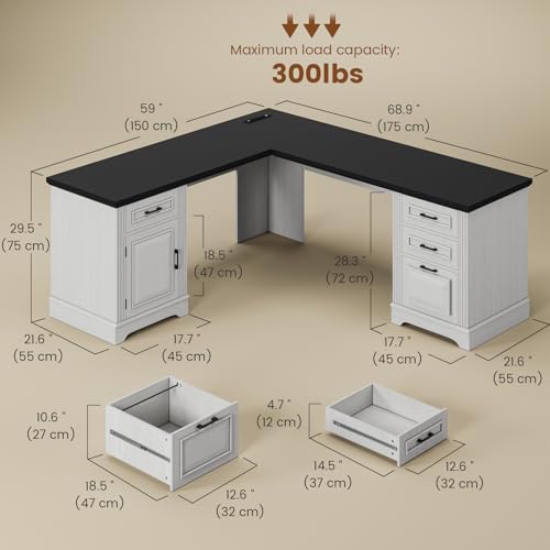 White L Shaped Desk with File Drawer and Power Outlet V234