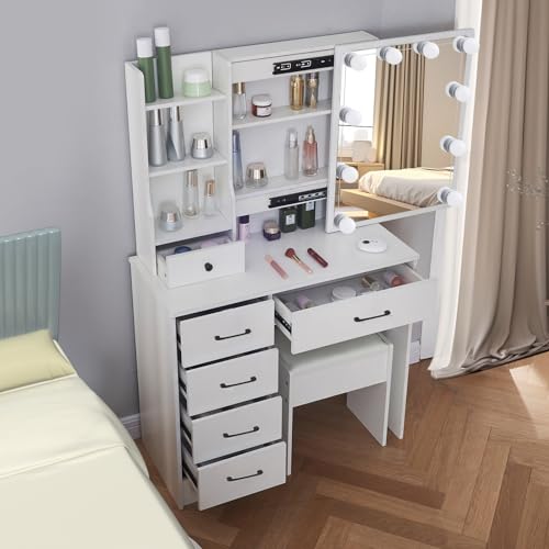White Vanity Desk with Makeup Mirror and 10 Lights, 3 Color Mode Dimmable Sliding Lighted Mirror, 6 Large Drawers and 3 Level Storage Shelves, Upholstered Stool E622