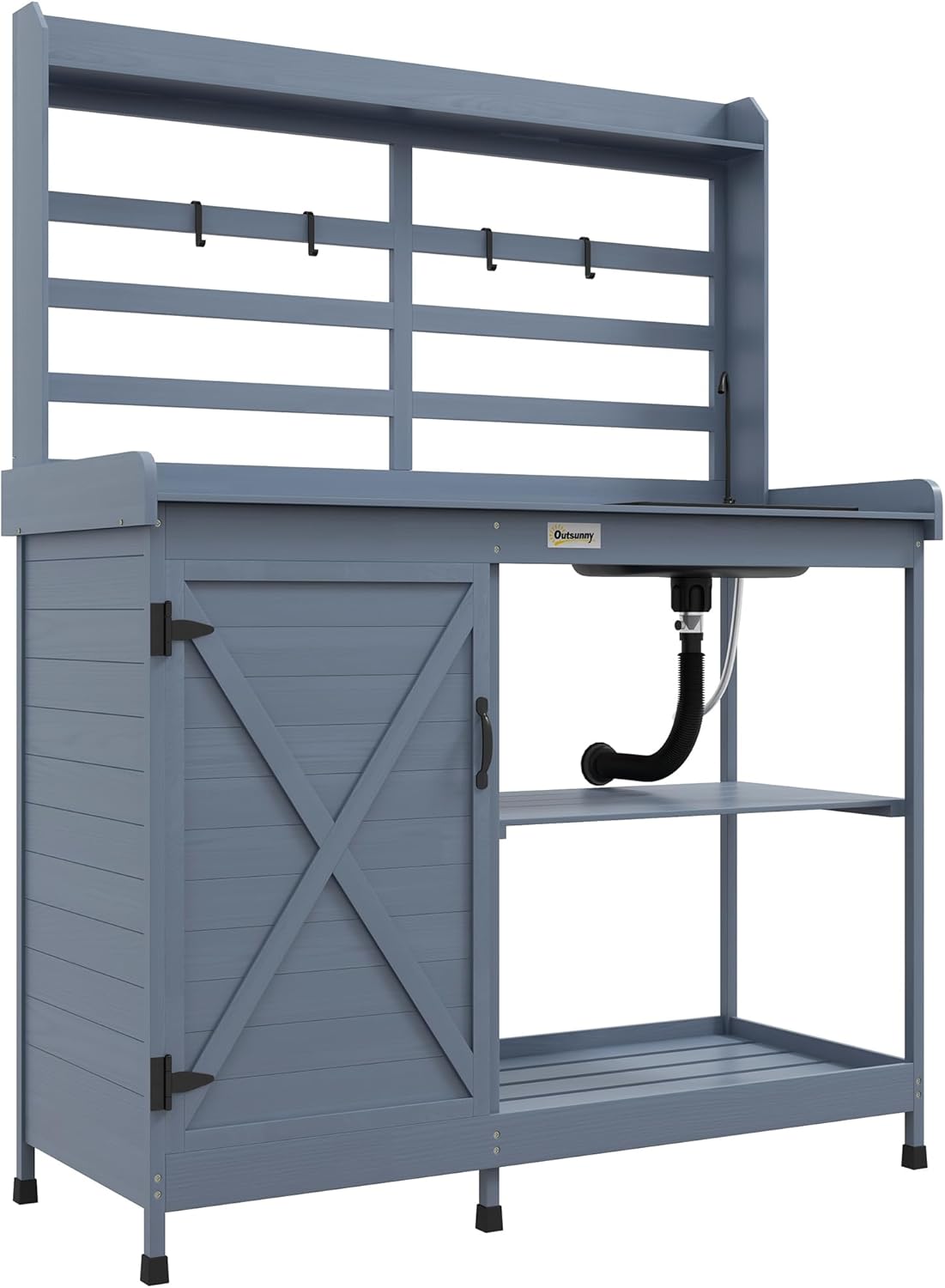 Gray Wooden Potting Bench with Storage Cabinet and Sink N53749