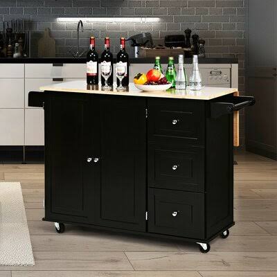 Black Drop-Leaf Kitchen Island Trolley Cart Wood Storage Cabinet L965192