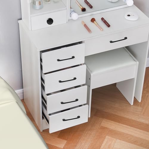 White Vanity Desk with Makeup Mirror and 10 Lights, 3 Color Mode Dimmable Sliding Lighted Mirror, 6 Large Drawers and 3 Level Storage Shelves, Upholstered Stool E622