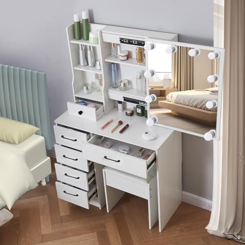 White Vanity Desk with Makeup Mirror and 10 Lights, 3 Color Mode Dimmable Sliding Lighted Mirror, 6 Large Drawers and 3 Level Storage Shelves, Upholstered Stool E622