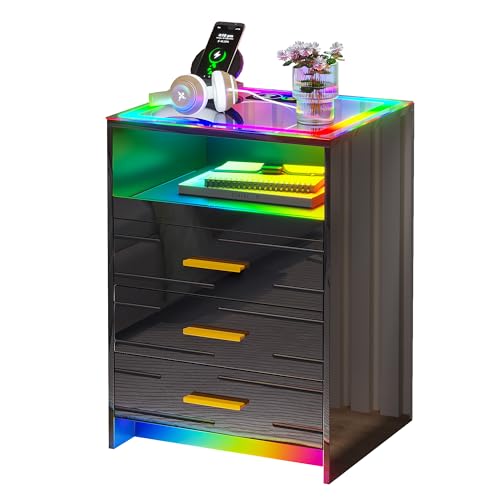 RGB LED Nightstand with 3 Drawers and Sliding Tray R59375