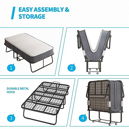 Folding Bed with 5 Inch Memory Foam Mattress, Single Rollaway Bed with Lockable Wheels K780