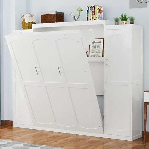 White Queen Size Foldable Platform Bed with 2 Wardrobe and Storage Shelf I823