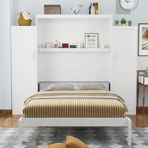 White Queen Size Foldable Platform Bed with 2 Wardrobe and Storage Shelf I823