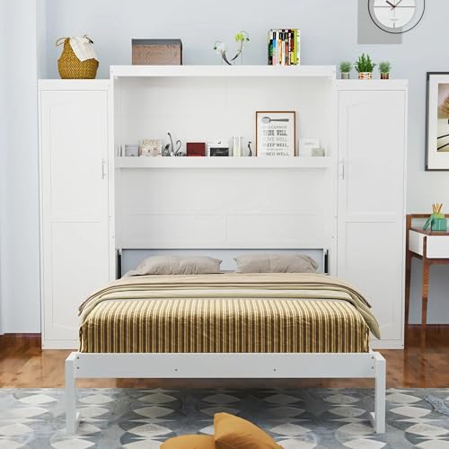 White Queen Size Foldable Platform Bed with 2 Wardrobe and Storage Shelf I823