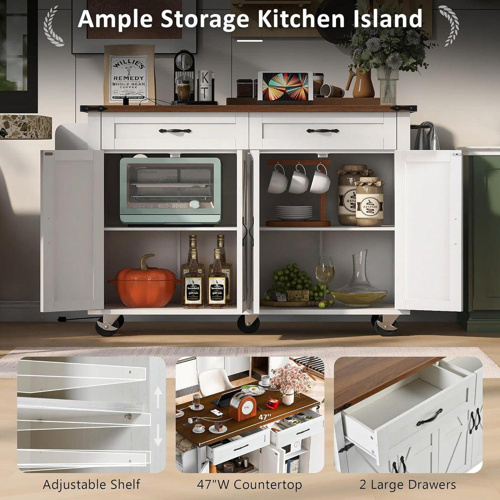 White Kitchen Island with Power Outlet, Drop Leaf and Spice Rack A891