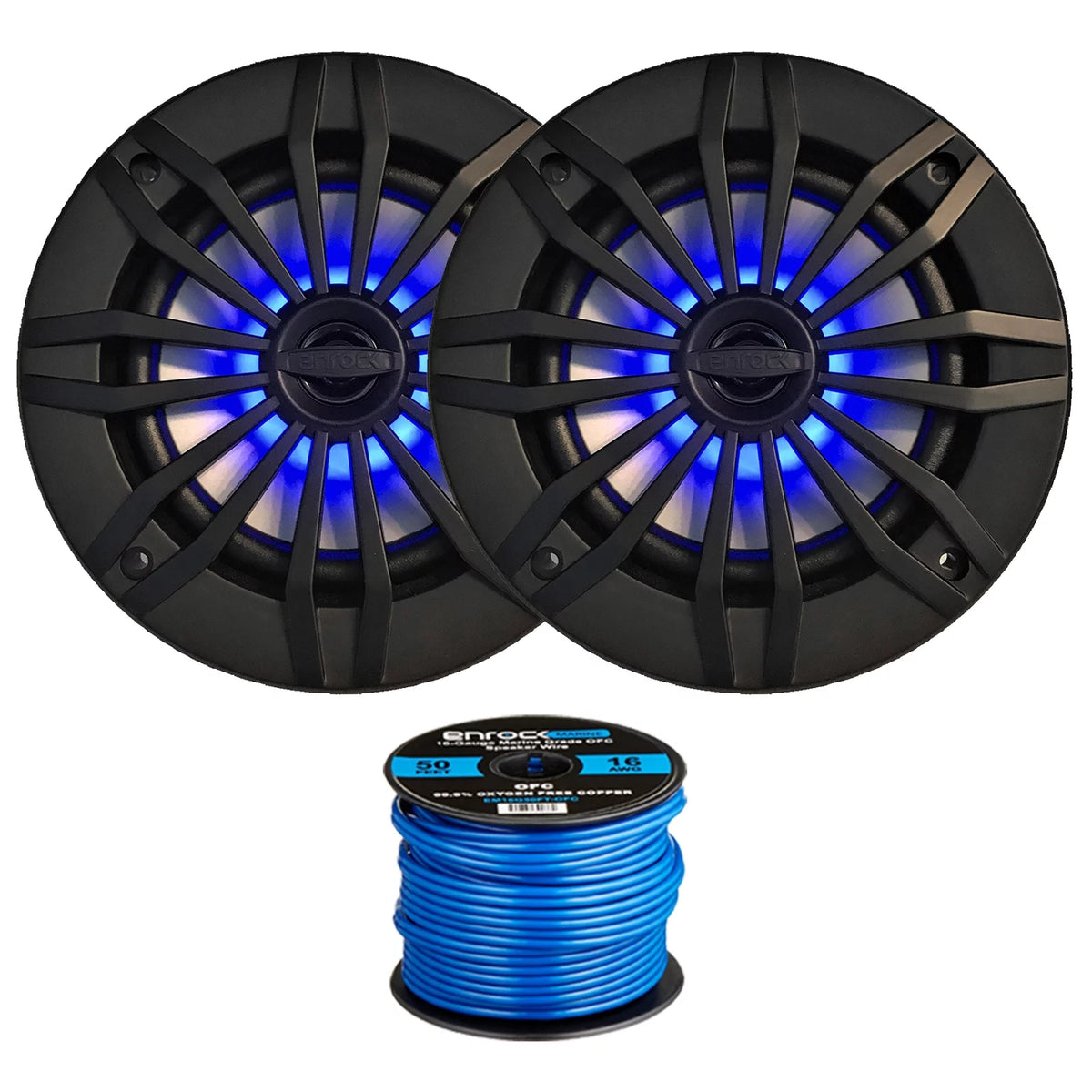 2 x 6.5" 2-Way 200W Marine Loudspeakers with Blue LED Light (Black), 50Ft 16-Gauge Tinned Speaker Wire X3133