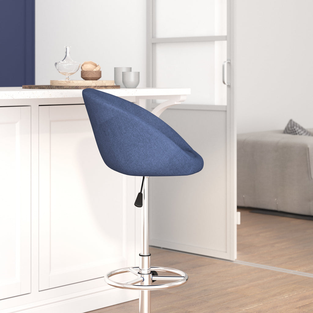 Blue Fabric Adjustable Height Barstool with Barrel Back and Chrome Base J446333