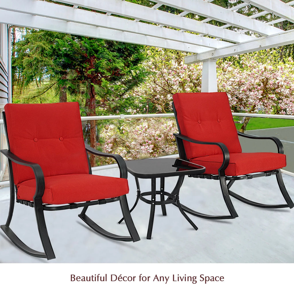 3-Piece Black Metal Rocking Chairs and Table with Brown Cushions O249