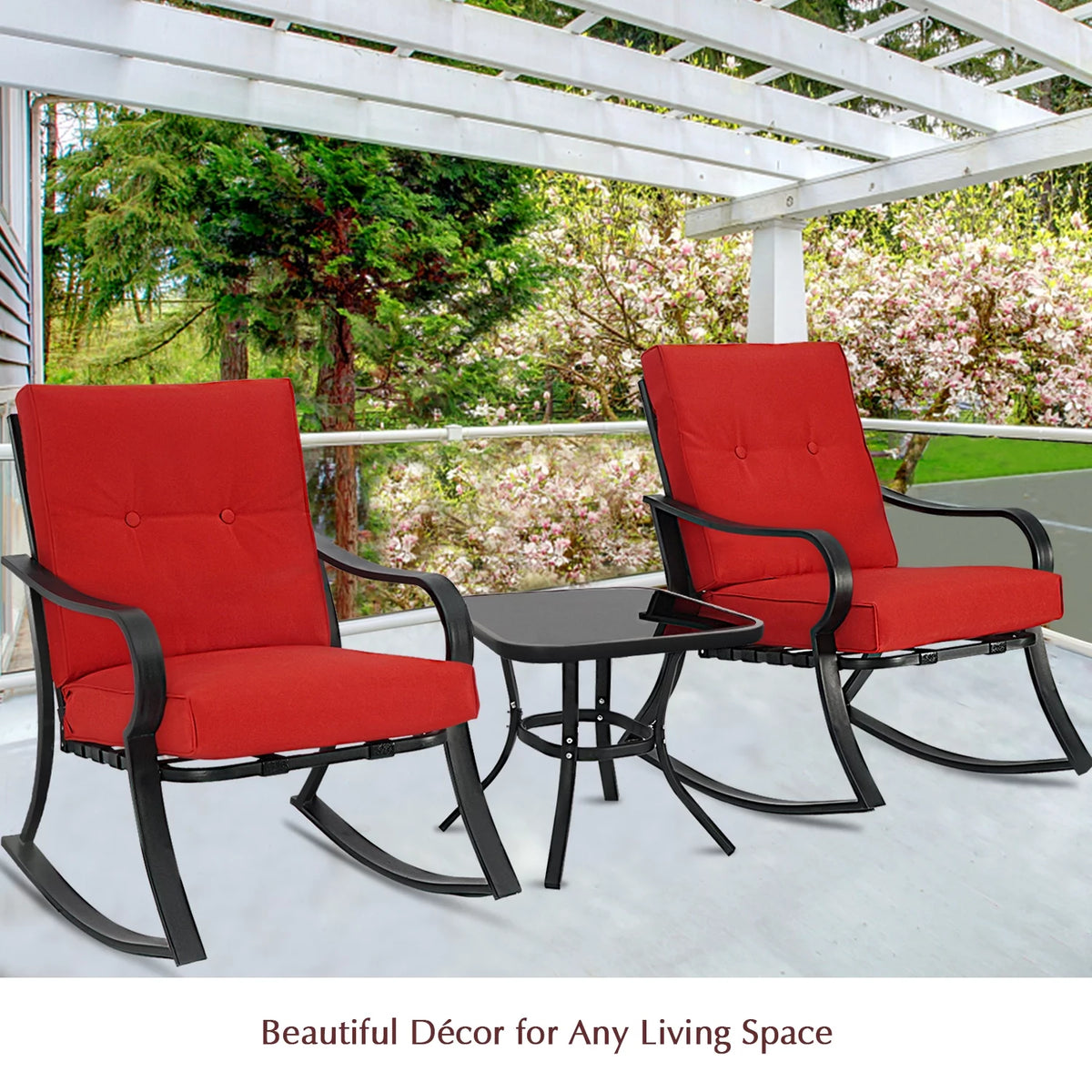 3-Piece Black Metal Rocking Chairs and Table with Brown Cushions O249