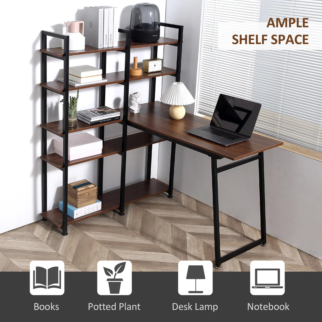 Black Walnut L-Shaped Computer Desk with Display Shelves O9547